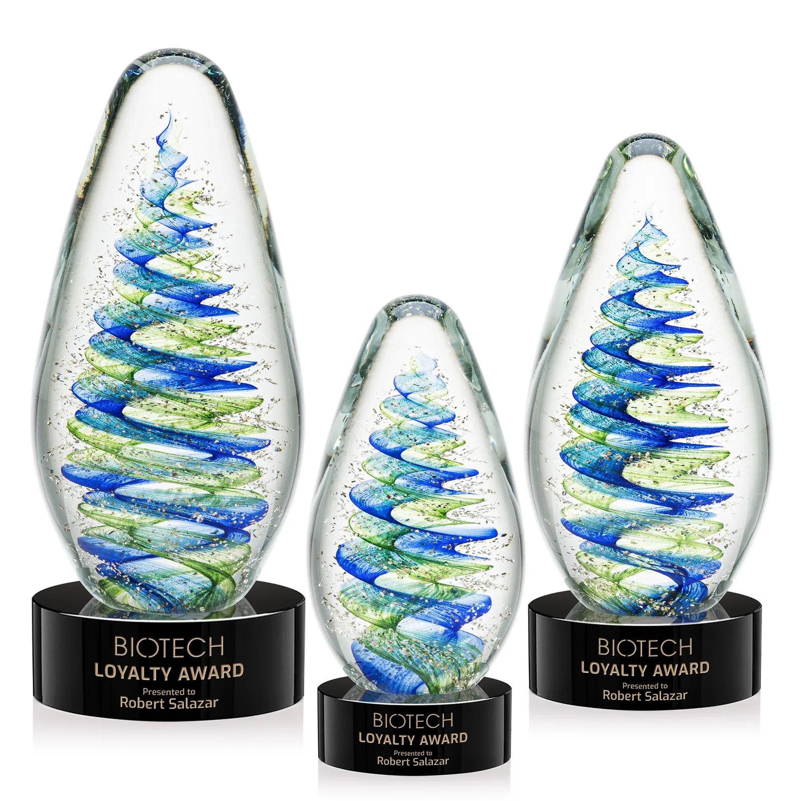Custom Blue and Green Swirl Glass Teardrop Award for employee recognition