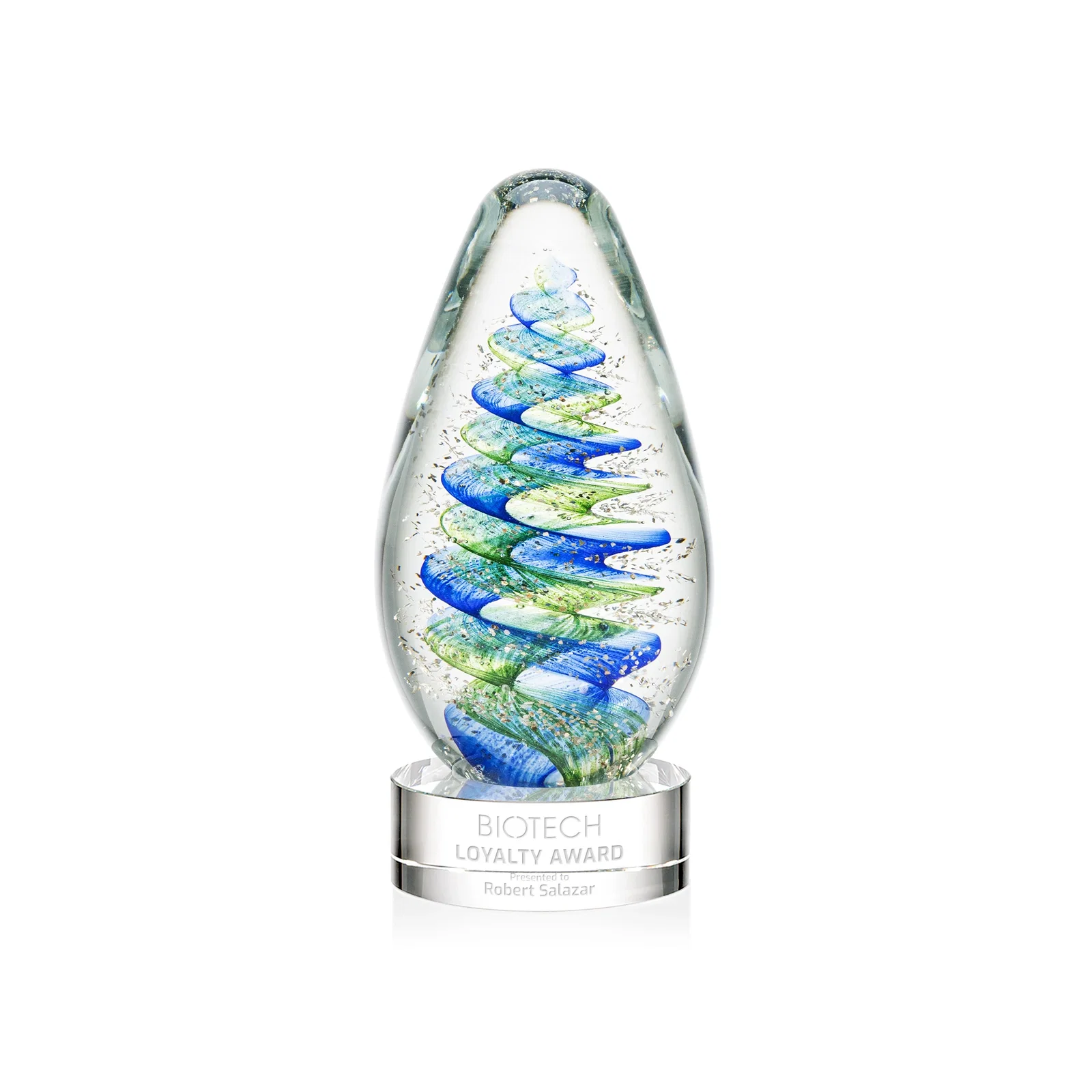 Custom Blue and Green Swirl Glass Teardrop Award for volunteer appreciation