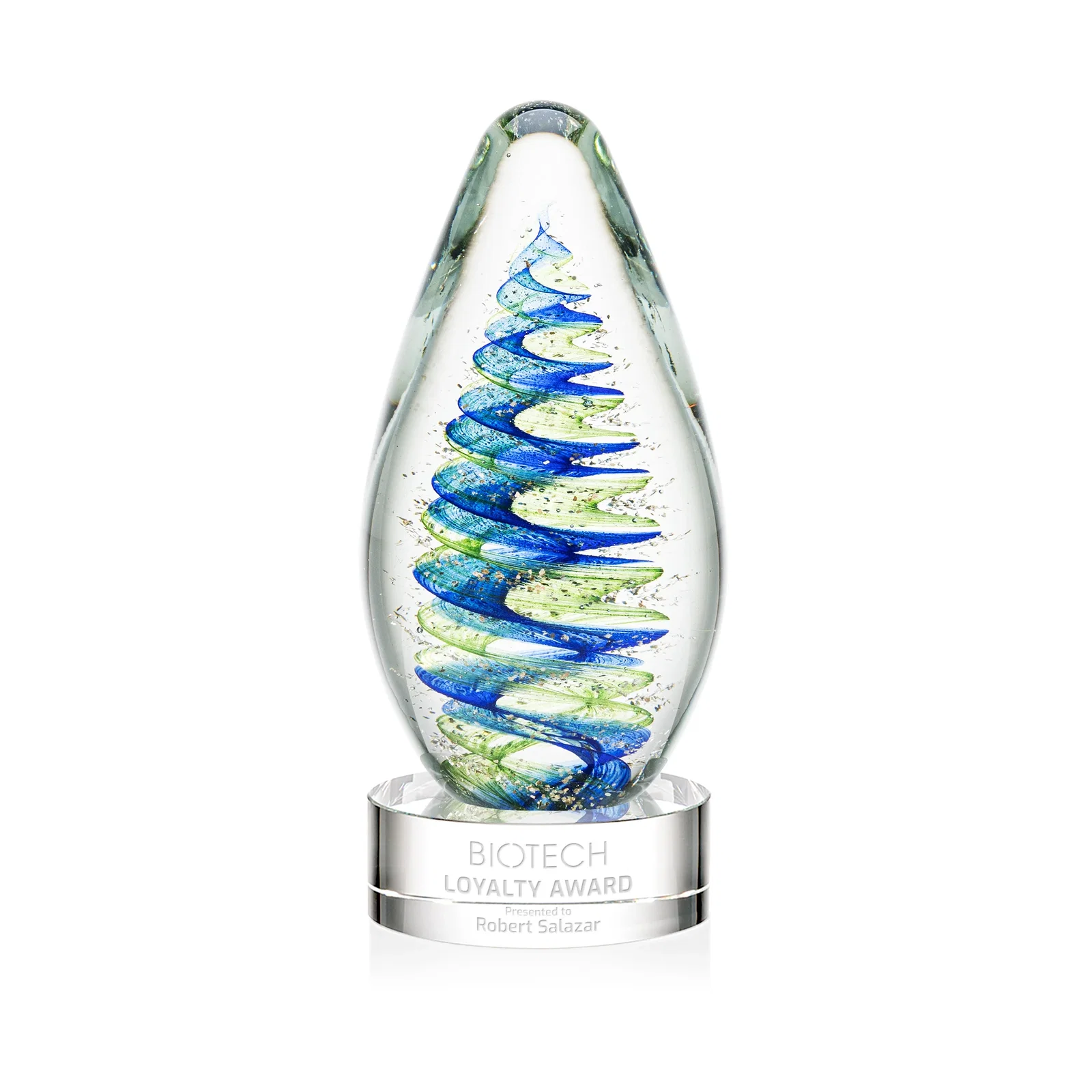 Custom Blue and Green Swirl Glass Teardrop Award for dealer and partner awards