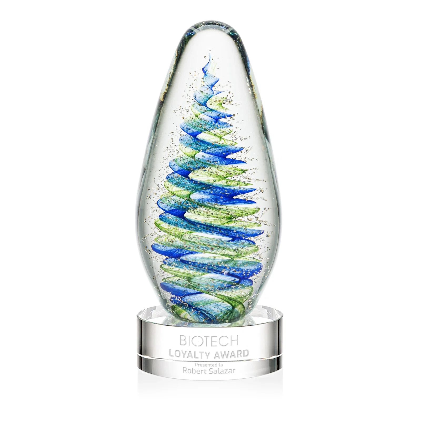 Custom Blue and Green Swirl Glass Teardrop Award for company anniversary events