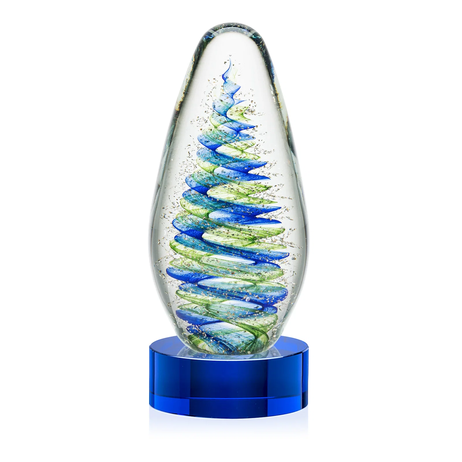 Personalized Blue and Green Swirl Glass Teardrop Award for team milestone celebrations