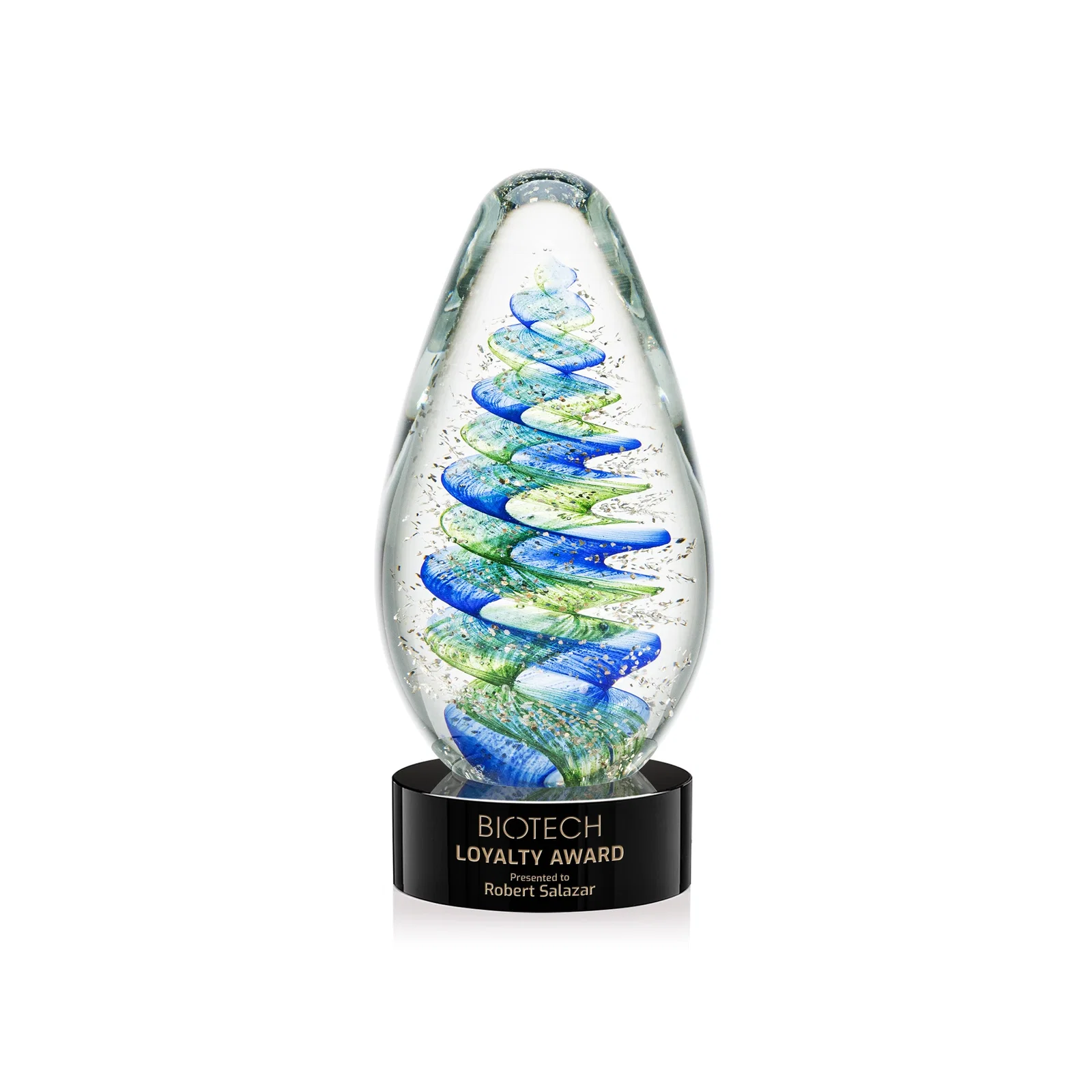 Custom Blue and Green Swirl Glass Teardrop Award for corporate award ceremonies