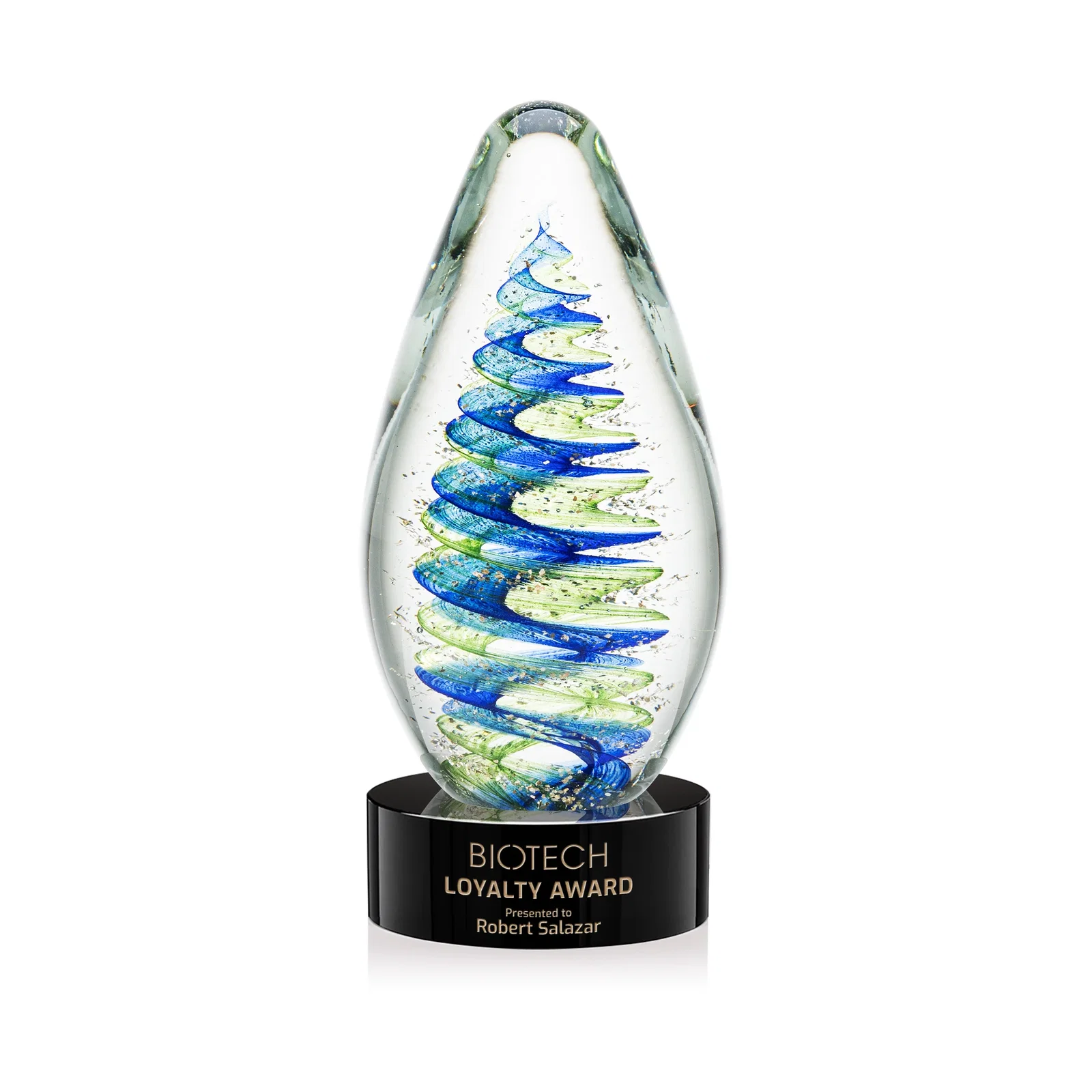 Custom Blue and Green Swirl Glass Teardrop Award for service anniversary gifts