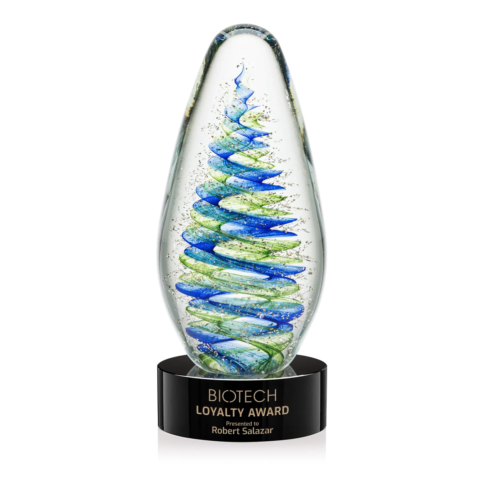 Custom Blue and Green Swirl Glass Teardrop Award for sales achievement awards