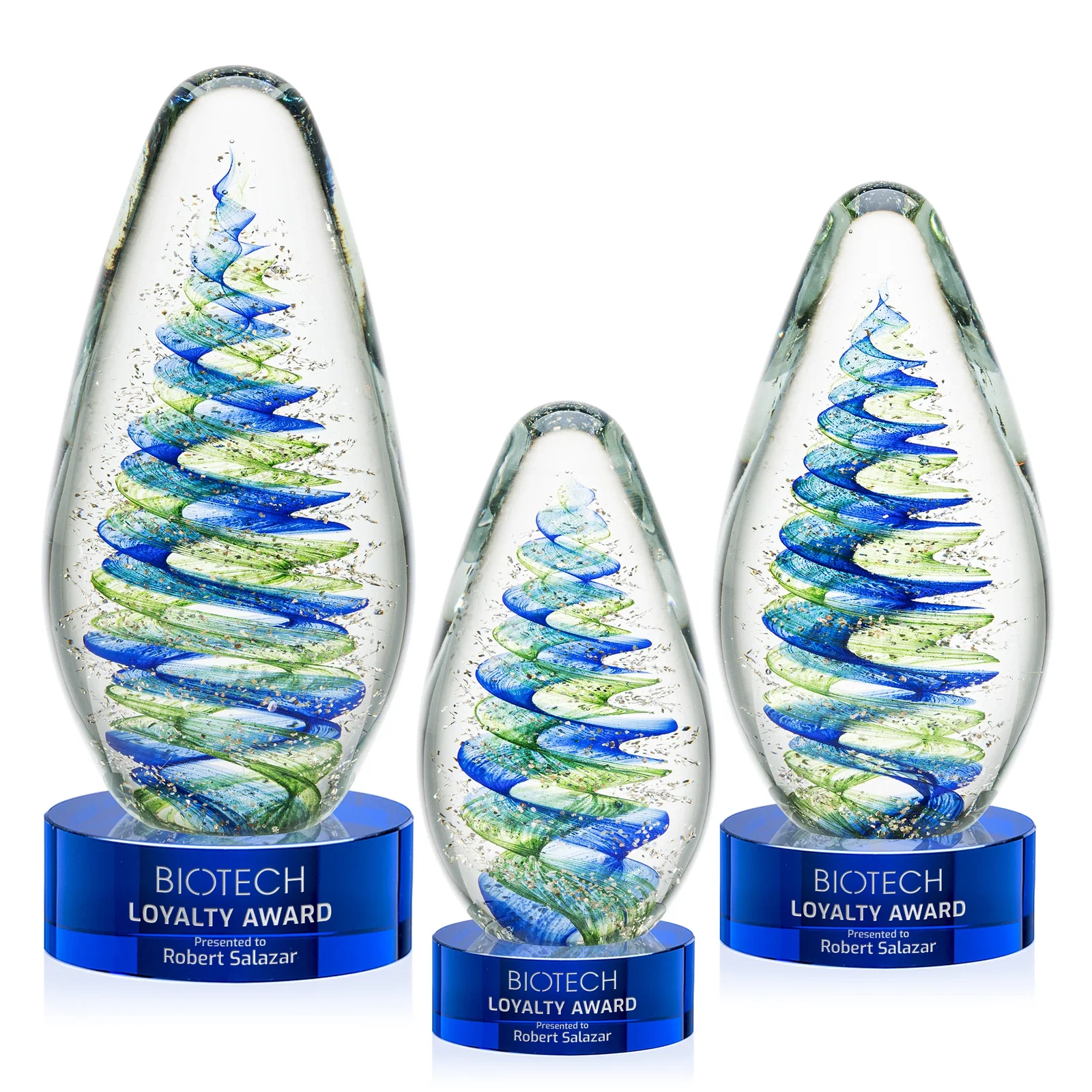 Custom Blue and Green Swirl Glass Teardrop Award for retirement presentations