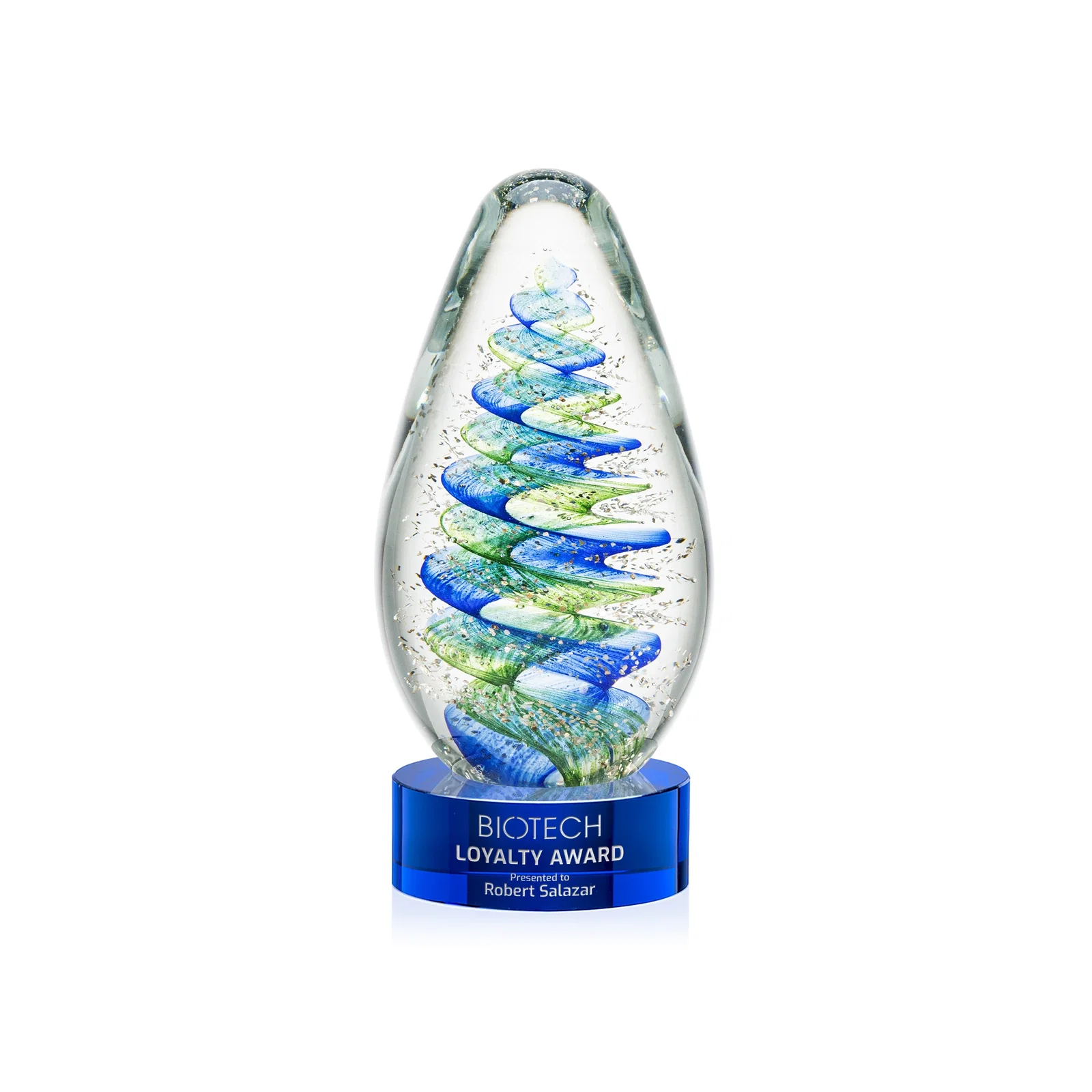 Custom Blue and Green Swirl Glass Teardrop Award for team milestone celebrations