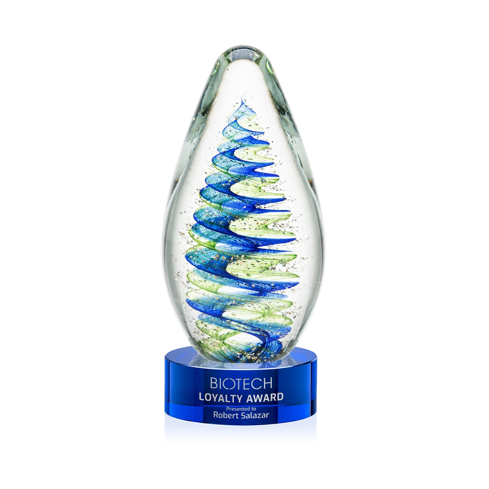 Custom Blue and Green Swirl Glass Teardrop Award for donor appreciation