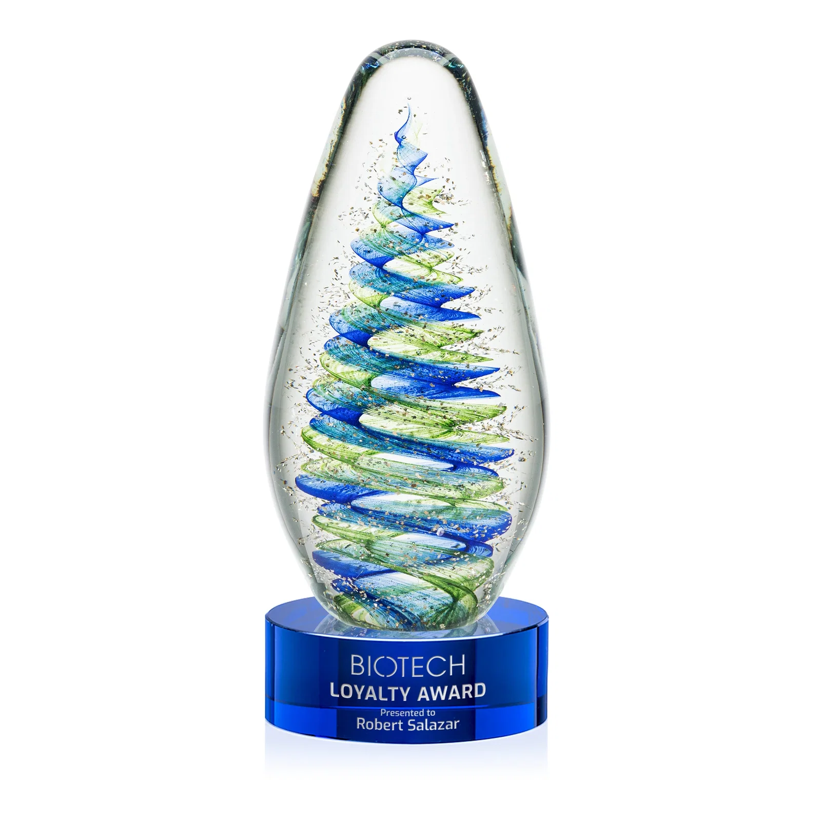 Custom Blue and Green Swirl Glass Teardrop Award for graduation ceremonies
