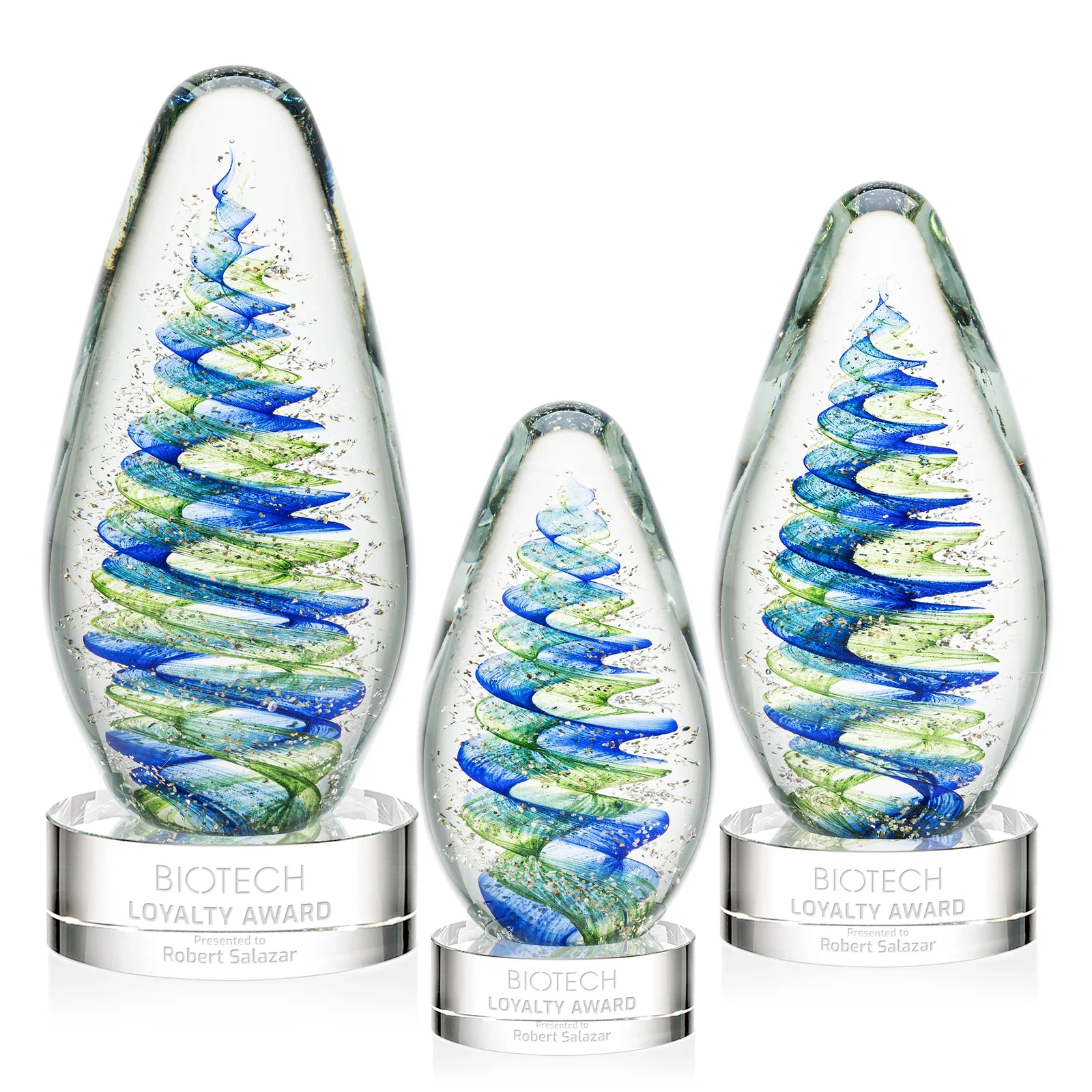 Custom Blue and Green Swirl Glass Teardrop Award for safety achievement programs