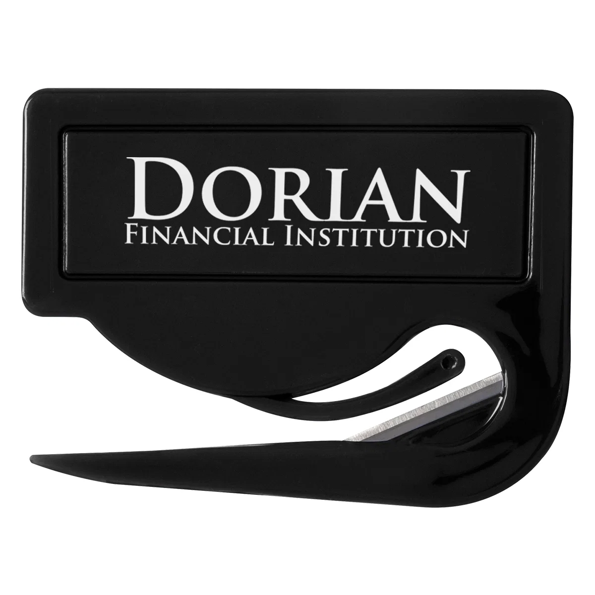 Black opener with the recessed blade along one edge