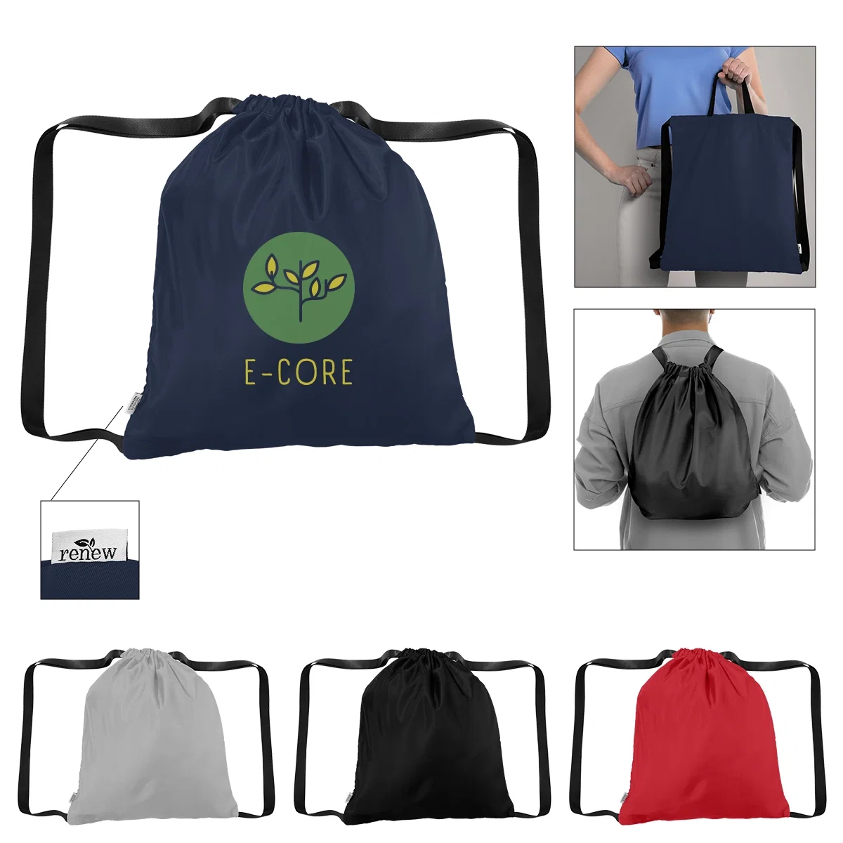 Drawstring tote made from recycled fabric
