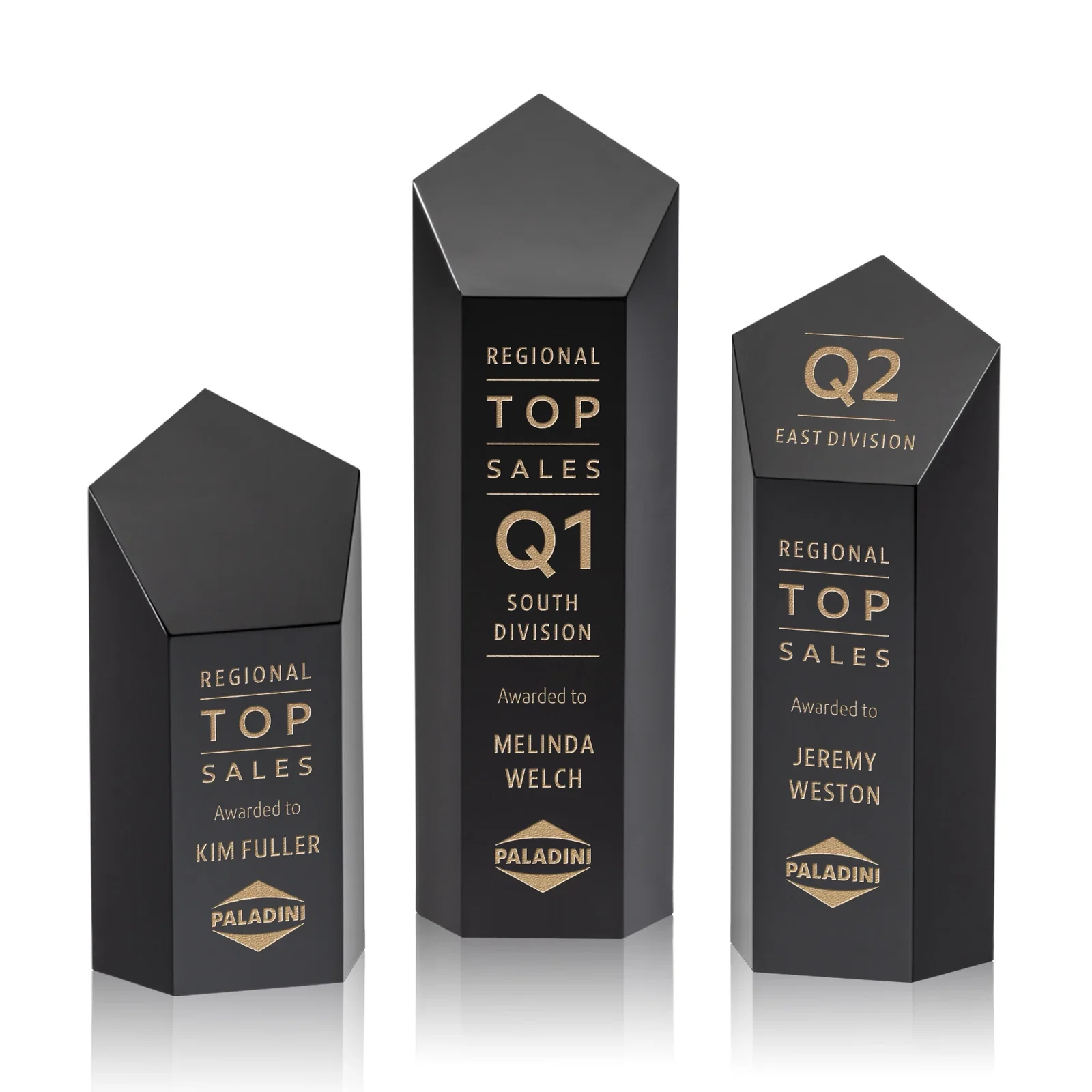 Custom Optical Crystal Pentagon Tower Award with a Dramatic Slant for employee recognition