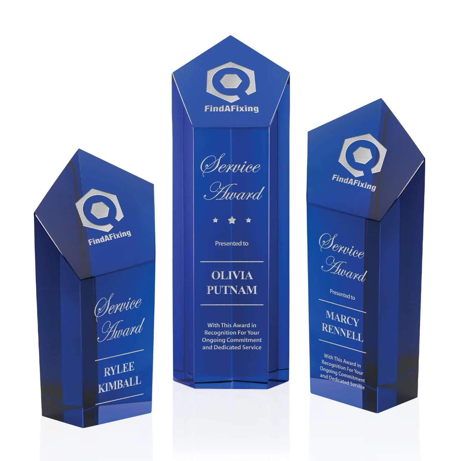 Custom Optical Crystal Pentagon Tower Award with a Dramatic Slant for volunteer appreciation
