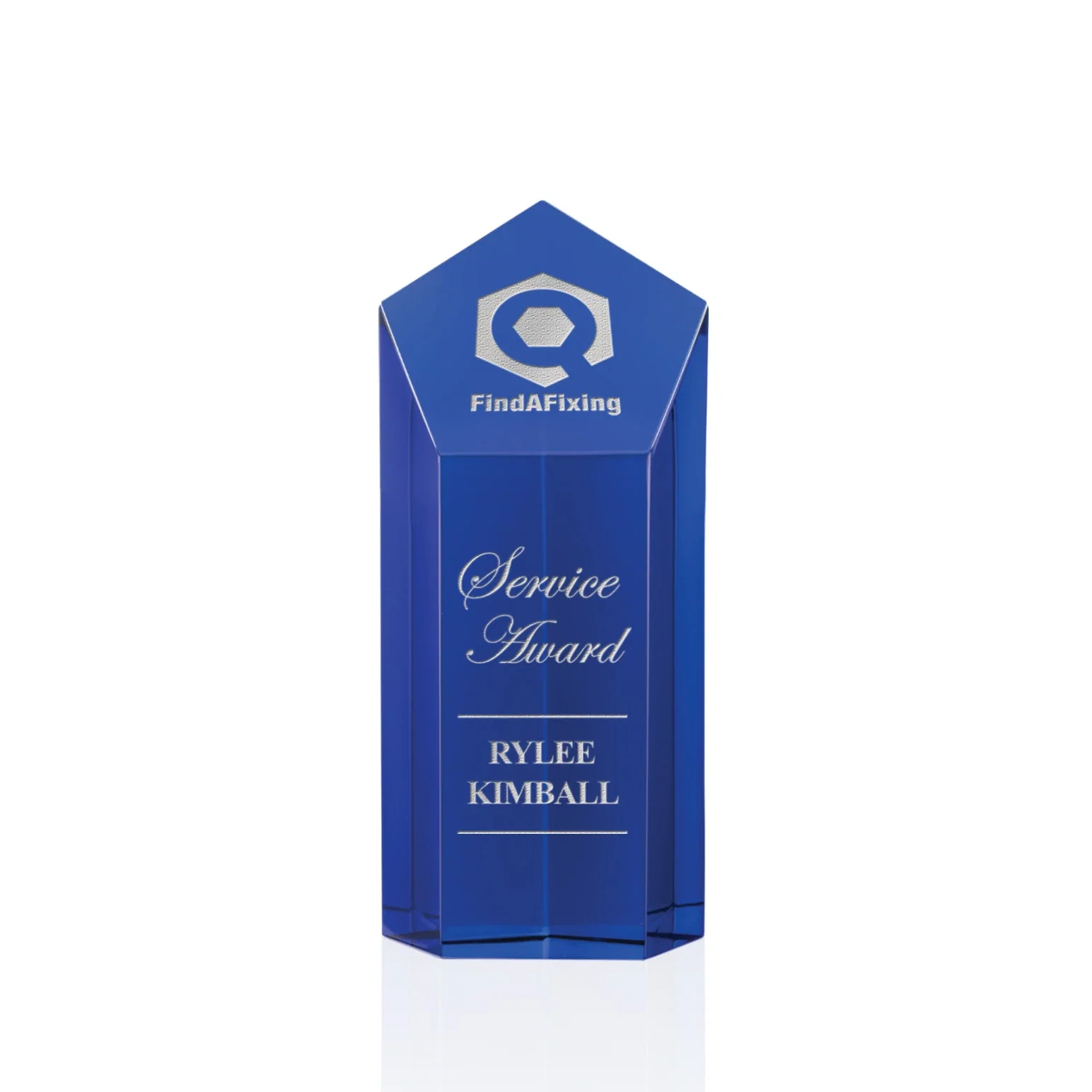 Custom Optical Crystal Pentagon Tower Award with a Dramatic Slant for dealer and partner awards