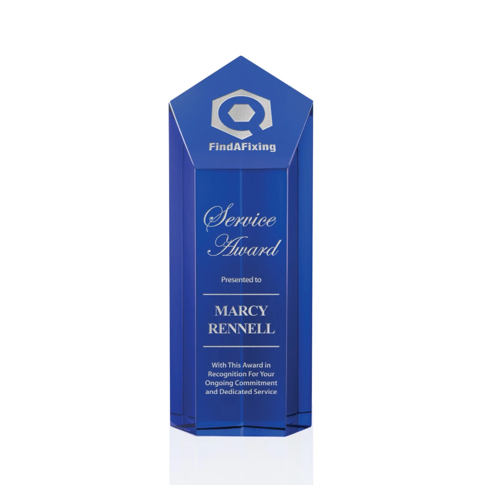Custom Optical Crystal Pentagon Tower Award with a Dramatic Slant for company anniversary events