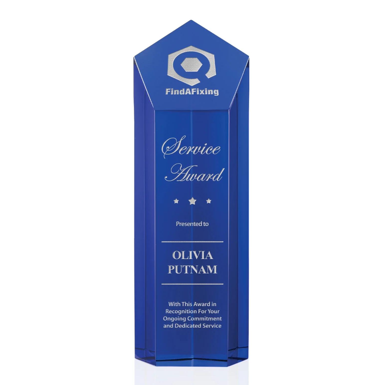 Personalized Optical Crystal Pentagon Tower Award with a Dramatic Slant for employee recognition