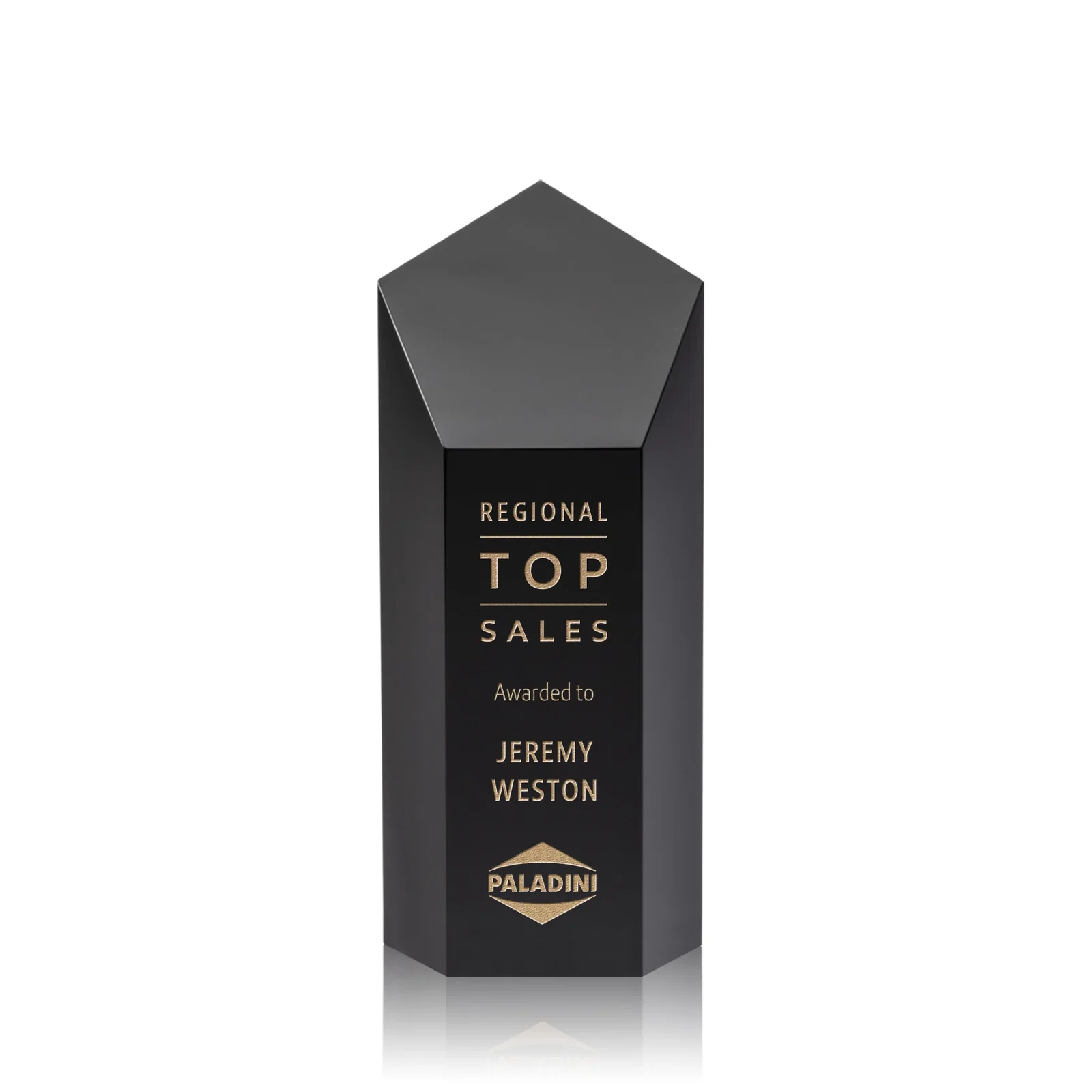 Custom Optical Crystal Pentagon Tower Award with a Dramatic Slant for service anniversary gifts