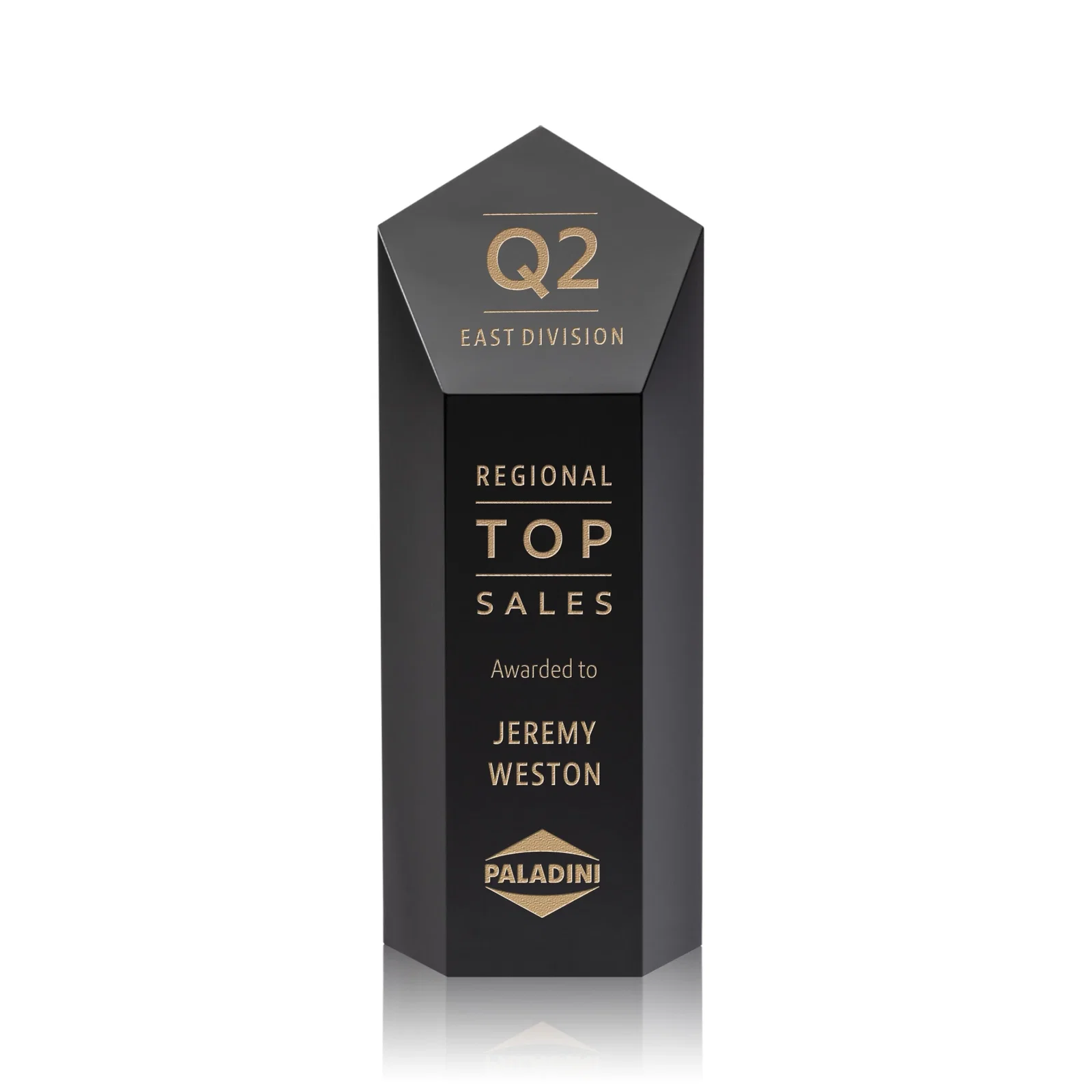 Custom Optical Crystal Pentagon Tower Award with a Dramatic Slant for sales achievement awards