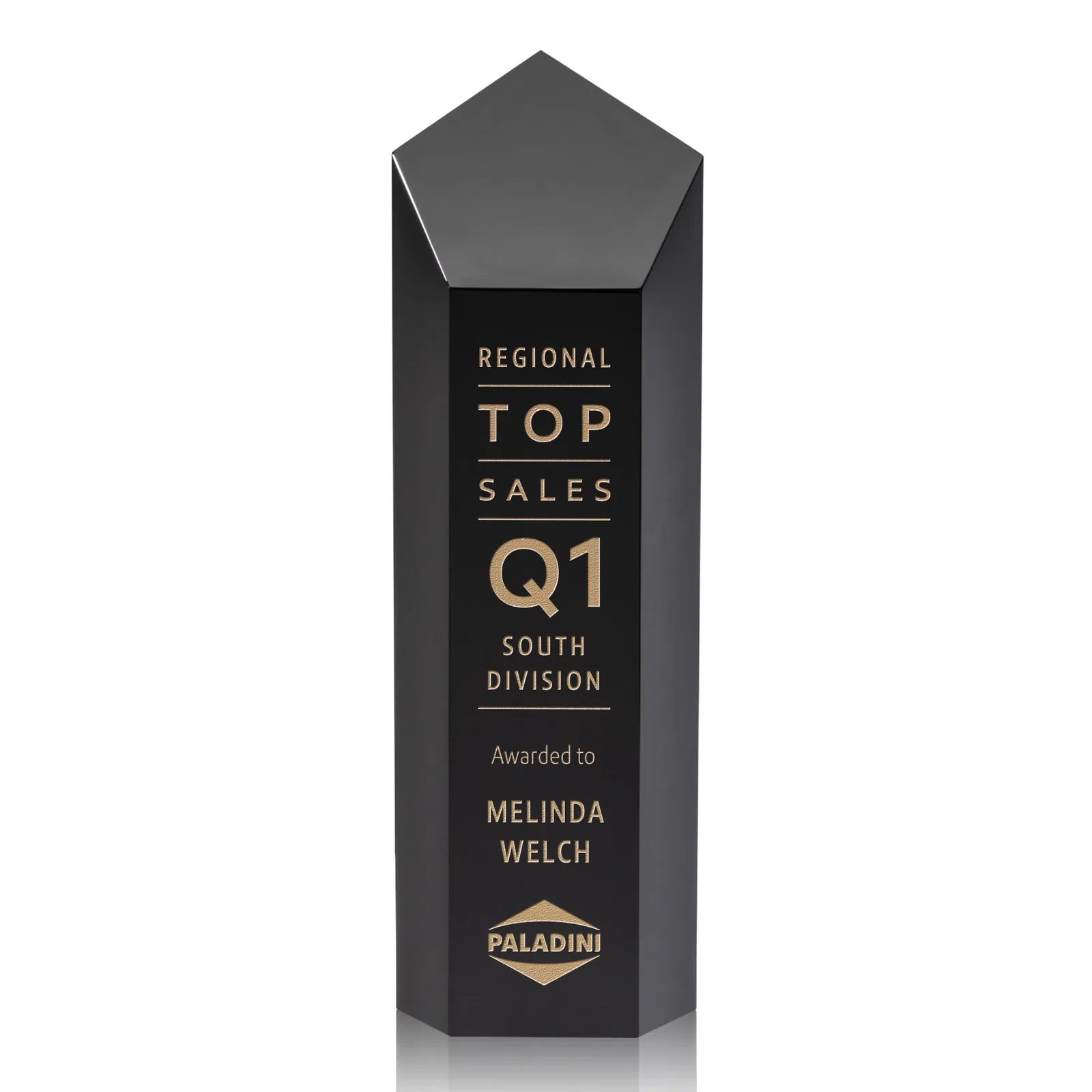 Custom Optical Crystal Pentagon Tower Award with a Dramatic Slant for retirement presentations