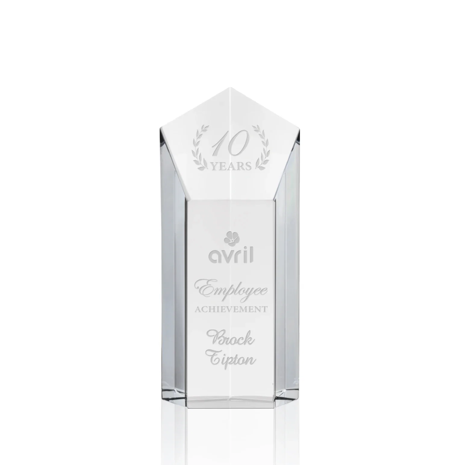 Custom Optical Crystal Pentagon Tower Award with a Dramatic Slant for donor appreciation
