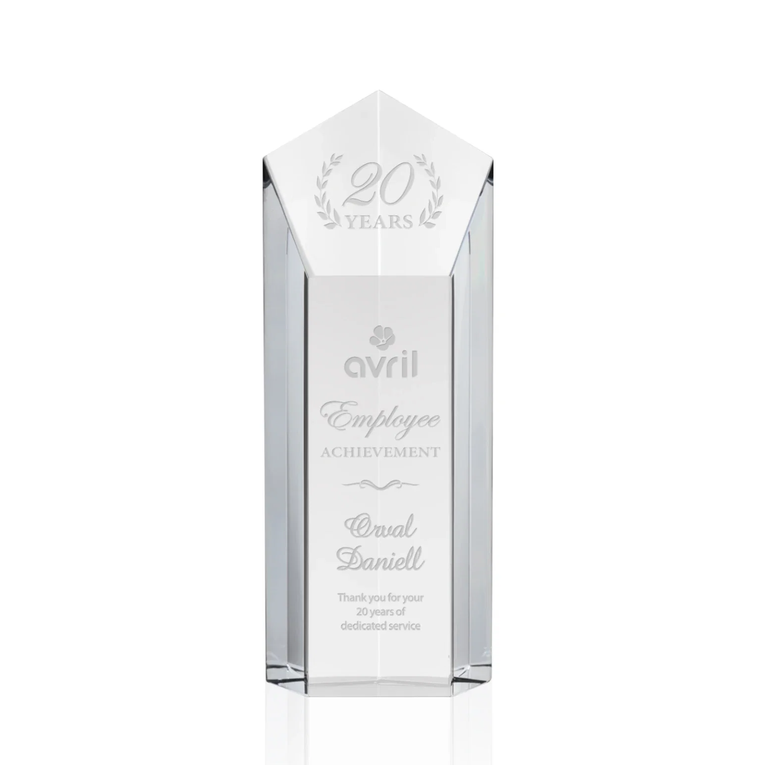 Custom Optical Crystal Pentagon Tower Award with a Dramatic Slant for graduation ceremonies