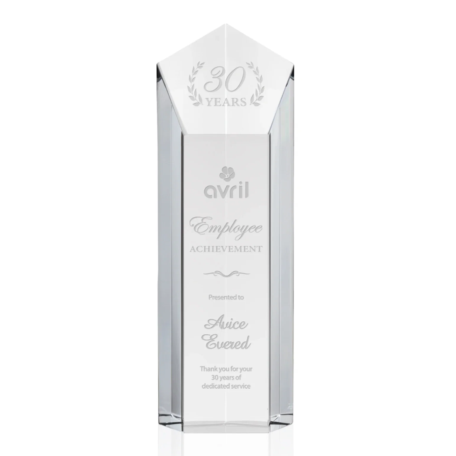 Custom Optical Crystal Pentagon Tower Award with a Dramatic Slant for safety achievement programs
