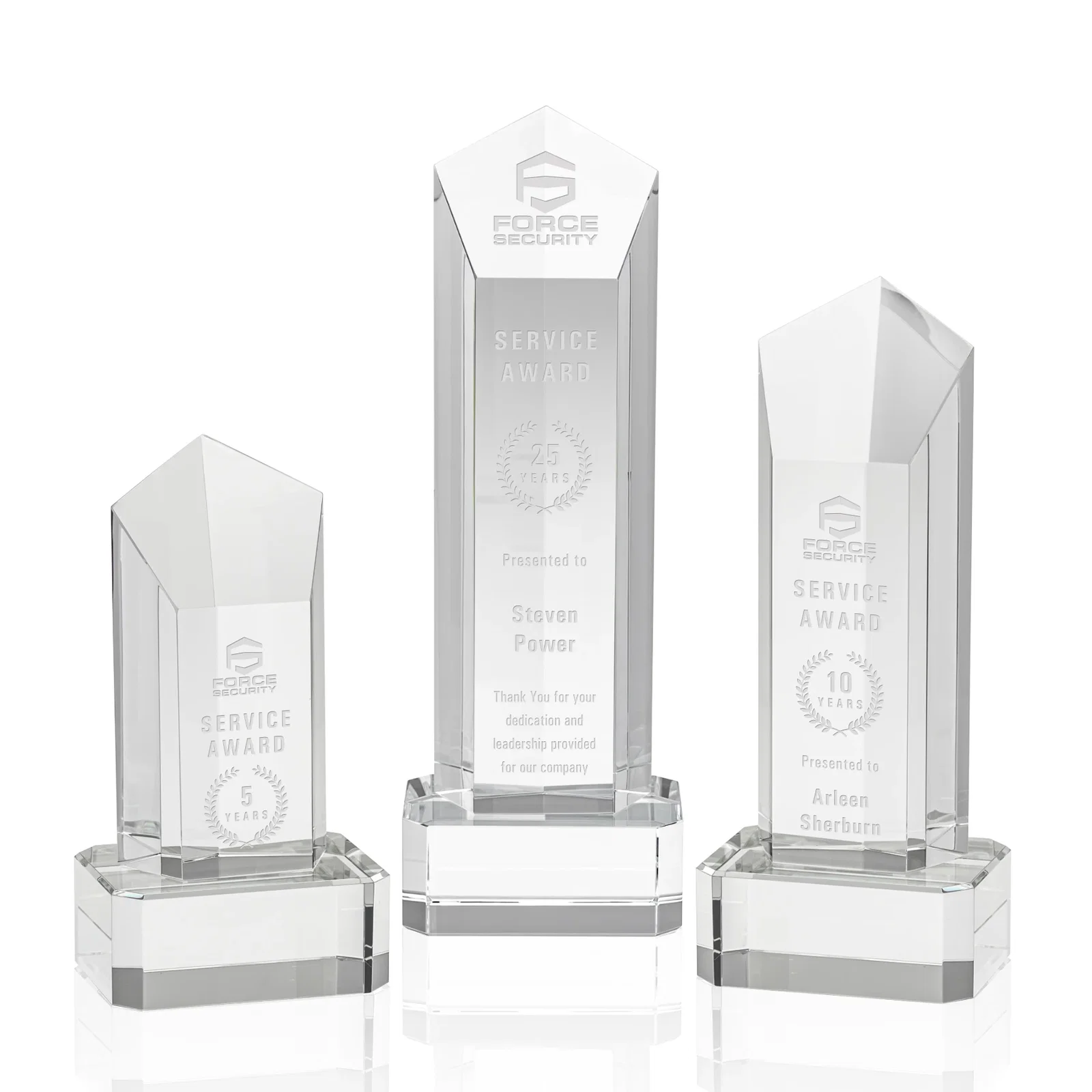 Custom Optical Crystal Pentagon Tower Award on Clear Base for employee recognition