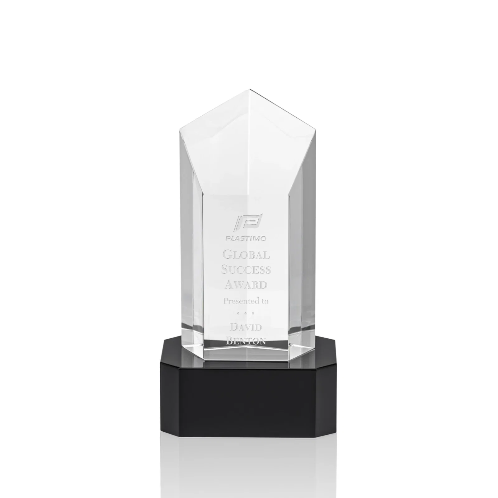 Custom Optical Crystal Pentagon Tower Award on Clear Base for volunteer appreciation