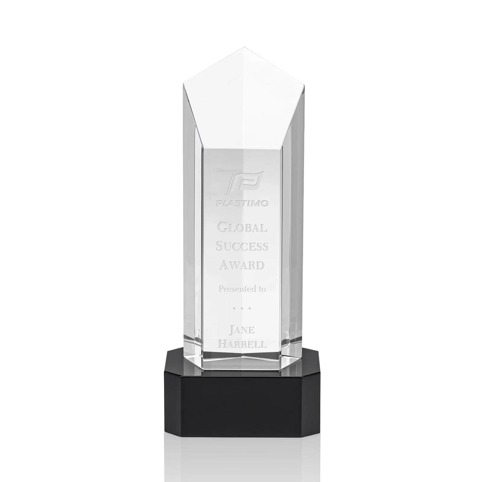 Custom Optical Crystal Pentagon Tower Award on Clear Base for dealer and partner awards
