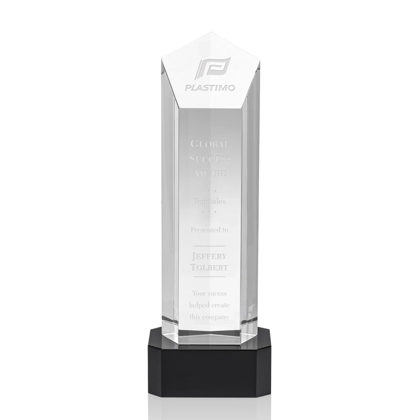 Custom Optical Crystal Pentagon Tower Award on Clear Base for company anniversary events