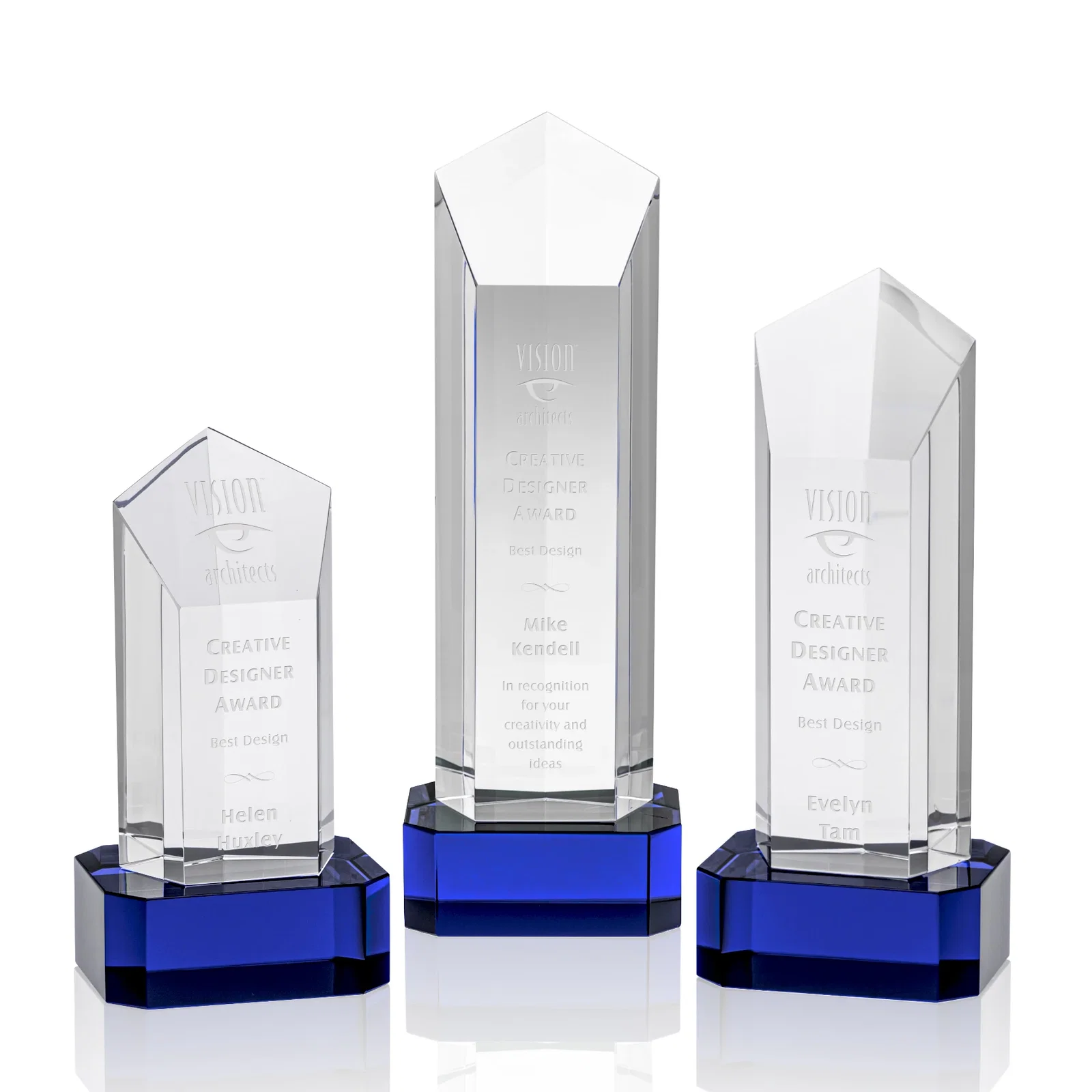 Personalized Optical Crystal Pentagon Tower Award on Clear Base for employee recognition