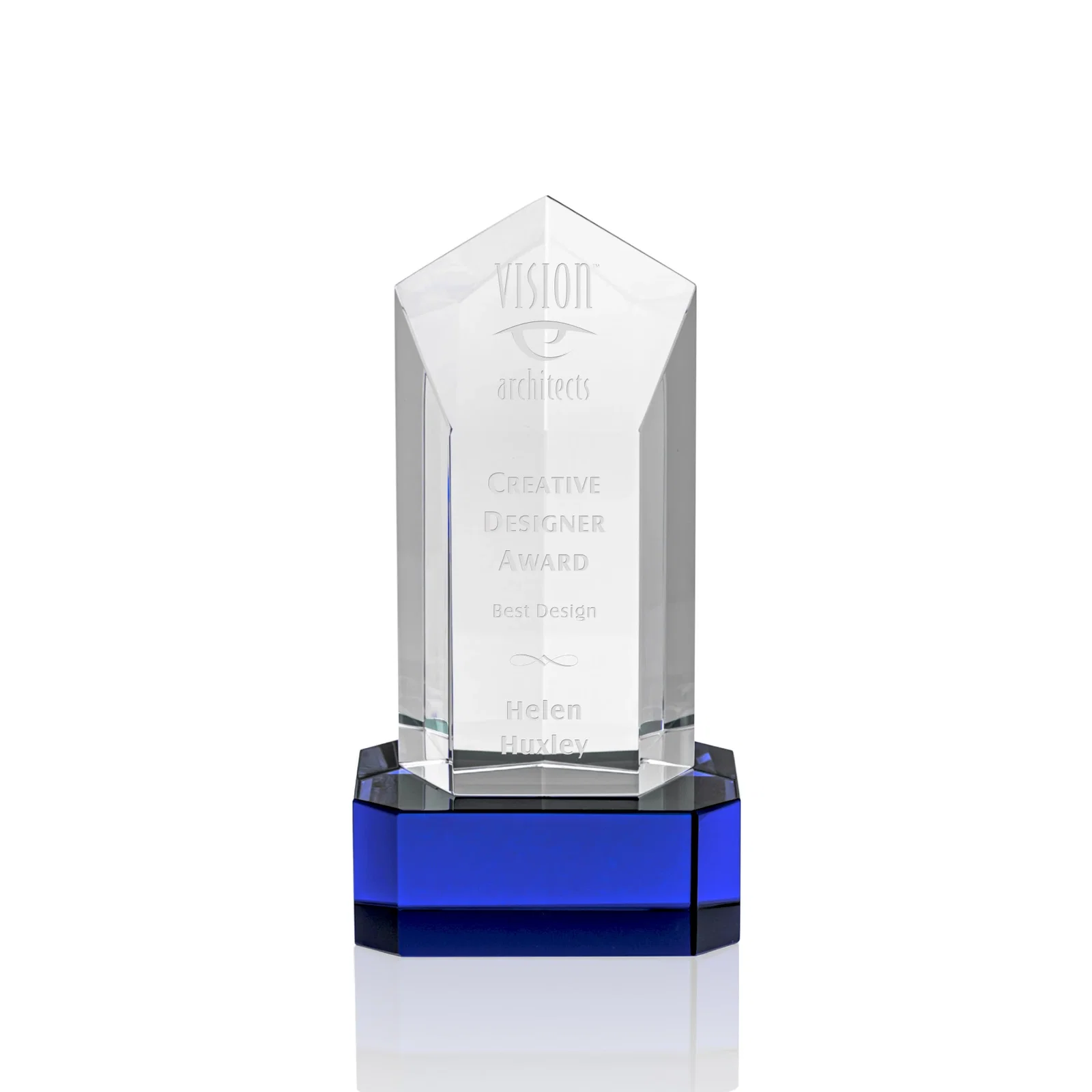 Personalized Optical Crystal Pentagon Tower Award on Clear Base for corporate award ceremonies
