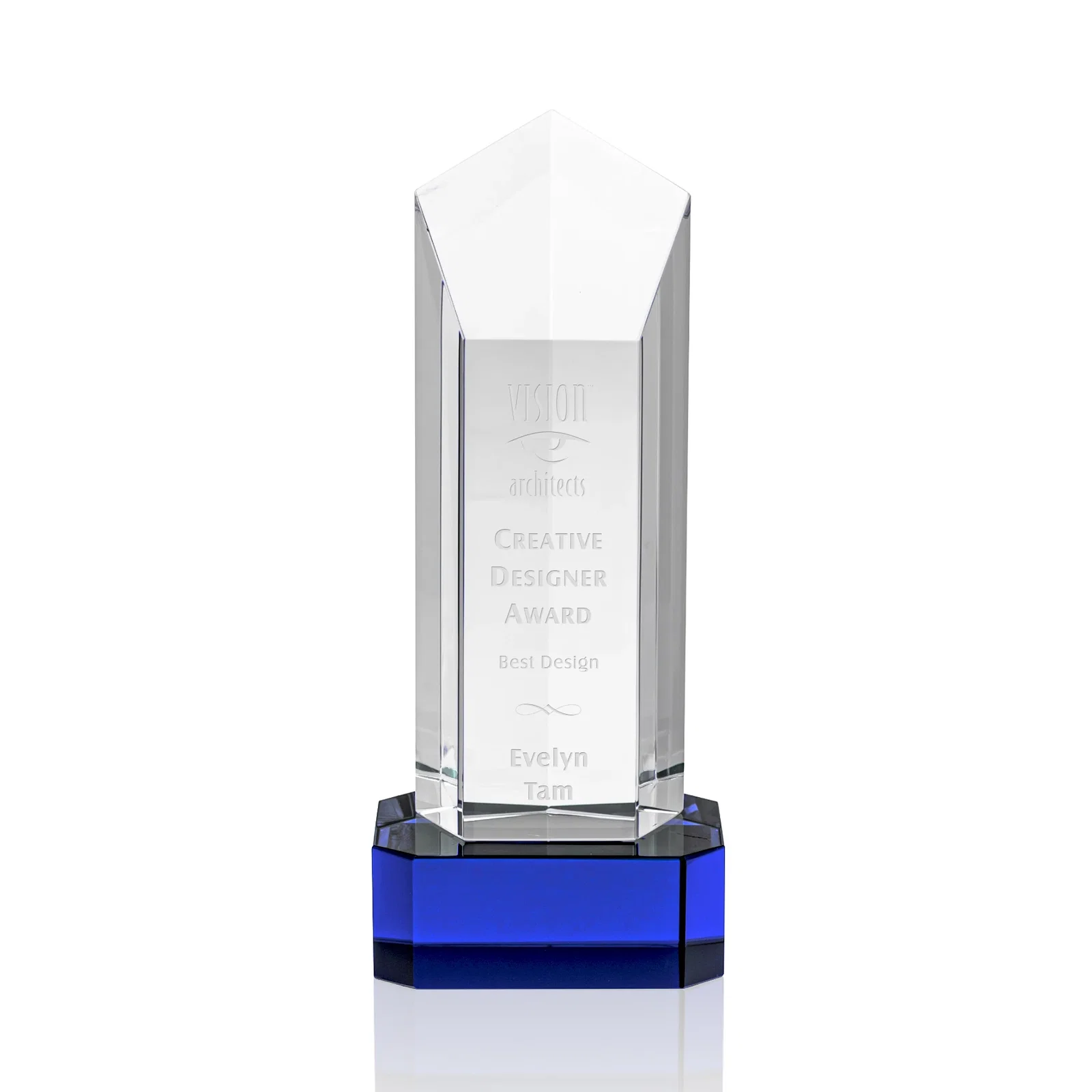 Personalized Optical Crystal Pentagon Tower Award on Clear Base for service anniversary gifts