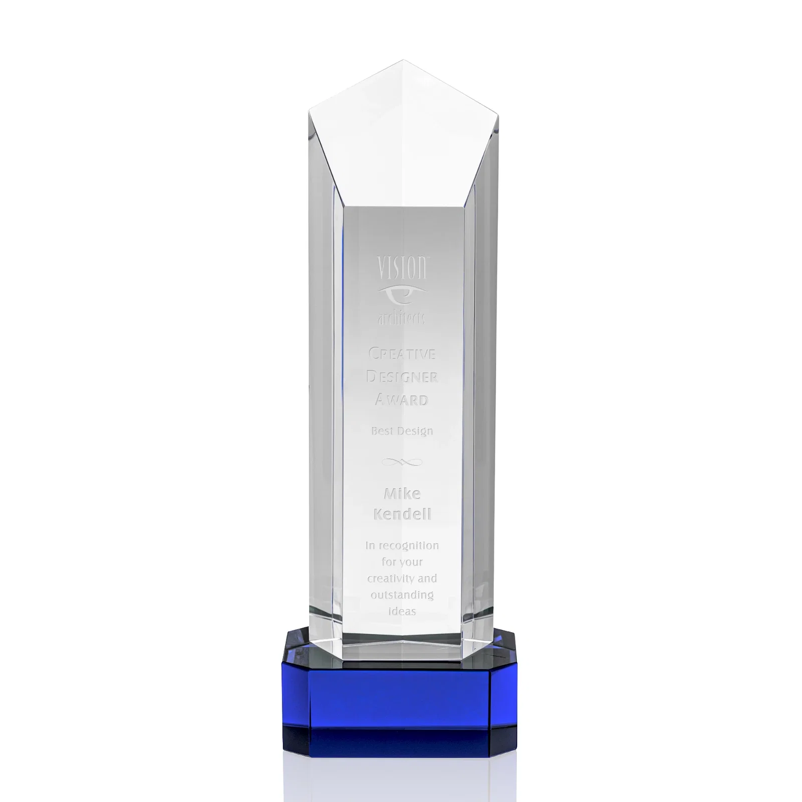 Personalized Optical Crystal Pentagon Tower Award on Clear Base for sales achievement awards