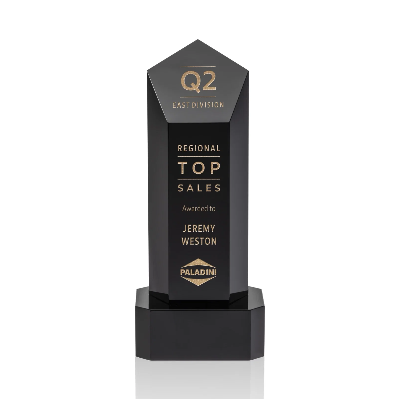 Personalized Optical Crystal Pentagon Tower Award on Clear Base for donor appreciation