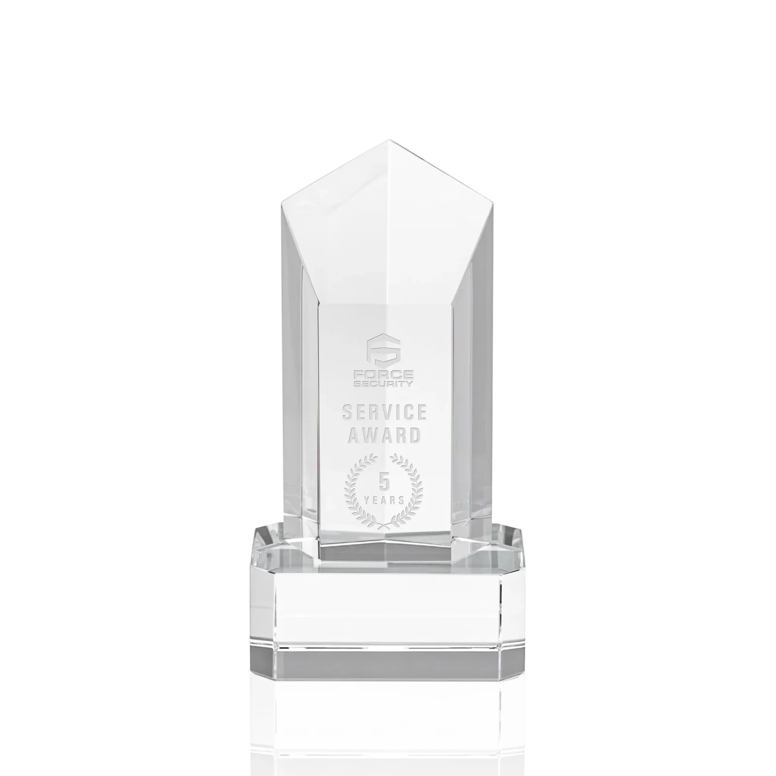 Custom Optical Crystal Pentagon Tower Award on Clear Base for corporate award ceremonies