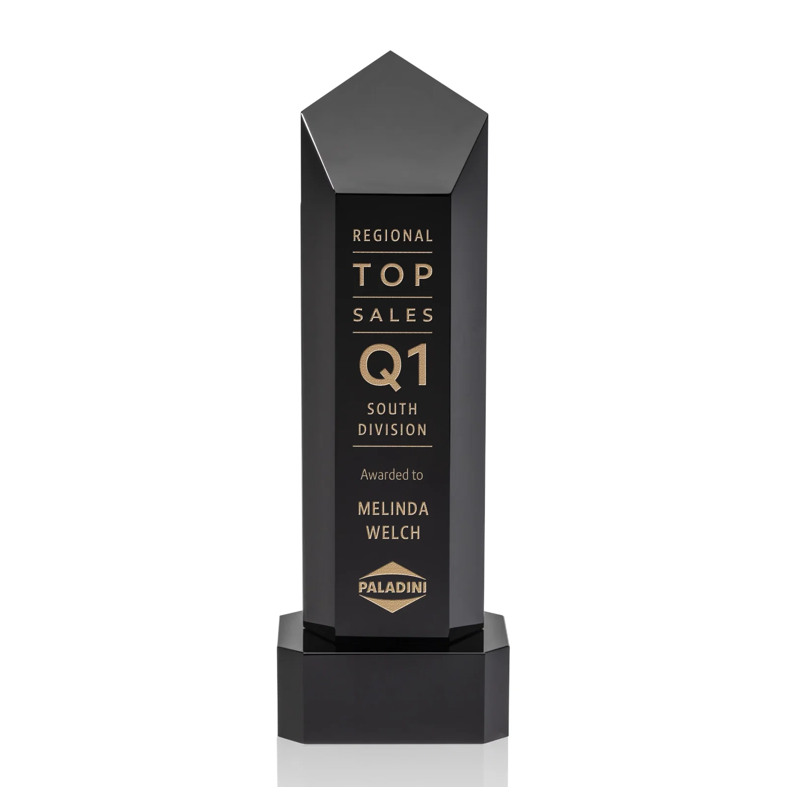 Personalized Optical Crystal Pentagon Tower Award on Clear Base for graduation ceremonies