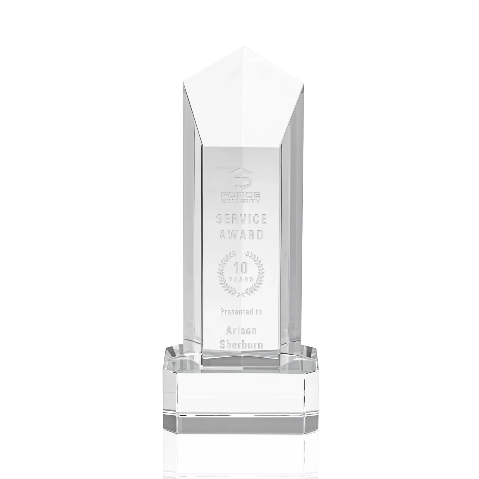 Custom Optical Crystal Pentagon Tower Award on Clear Base for service anniversary gifts