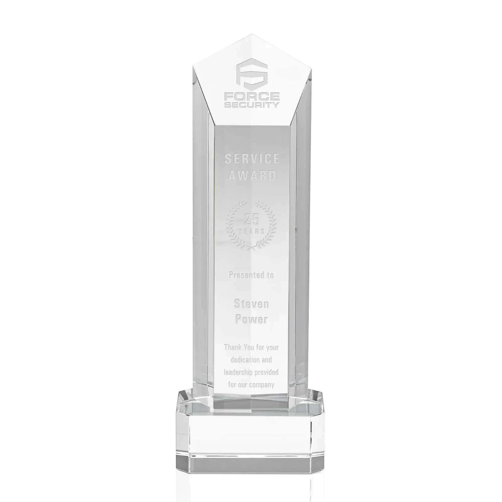 Custom Optical Crystal Pentagon Tower Award on Clear Base for sales achievement awards