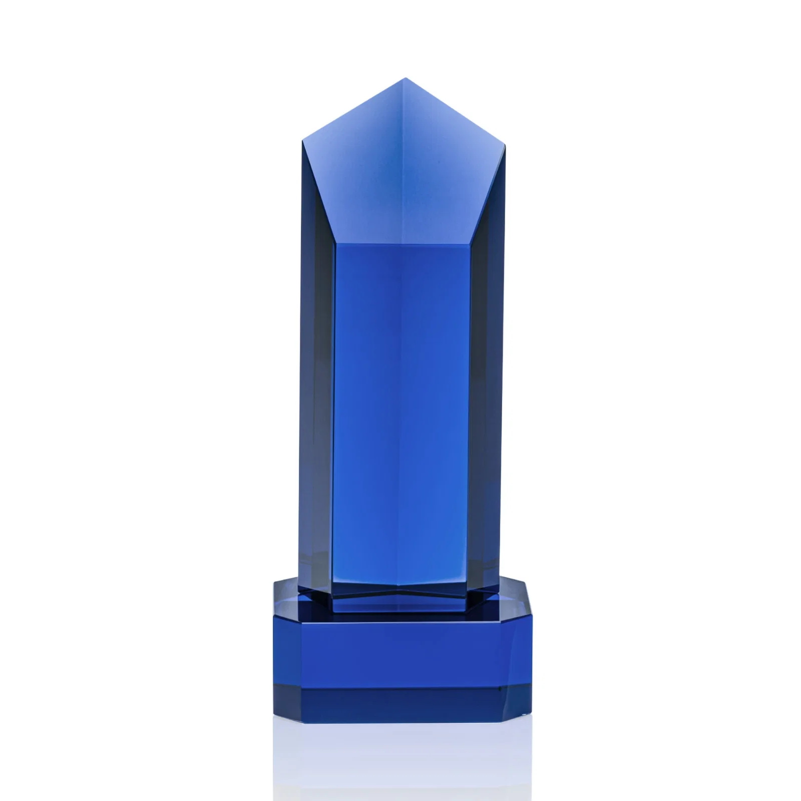 Branded Optical Crystal Pentagon Tower Award on Clear Base for retirement presentations