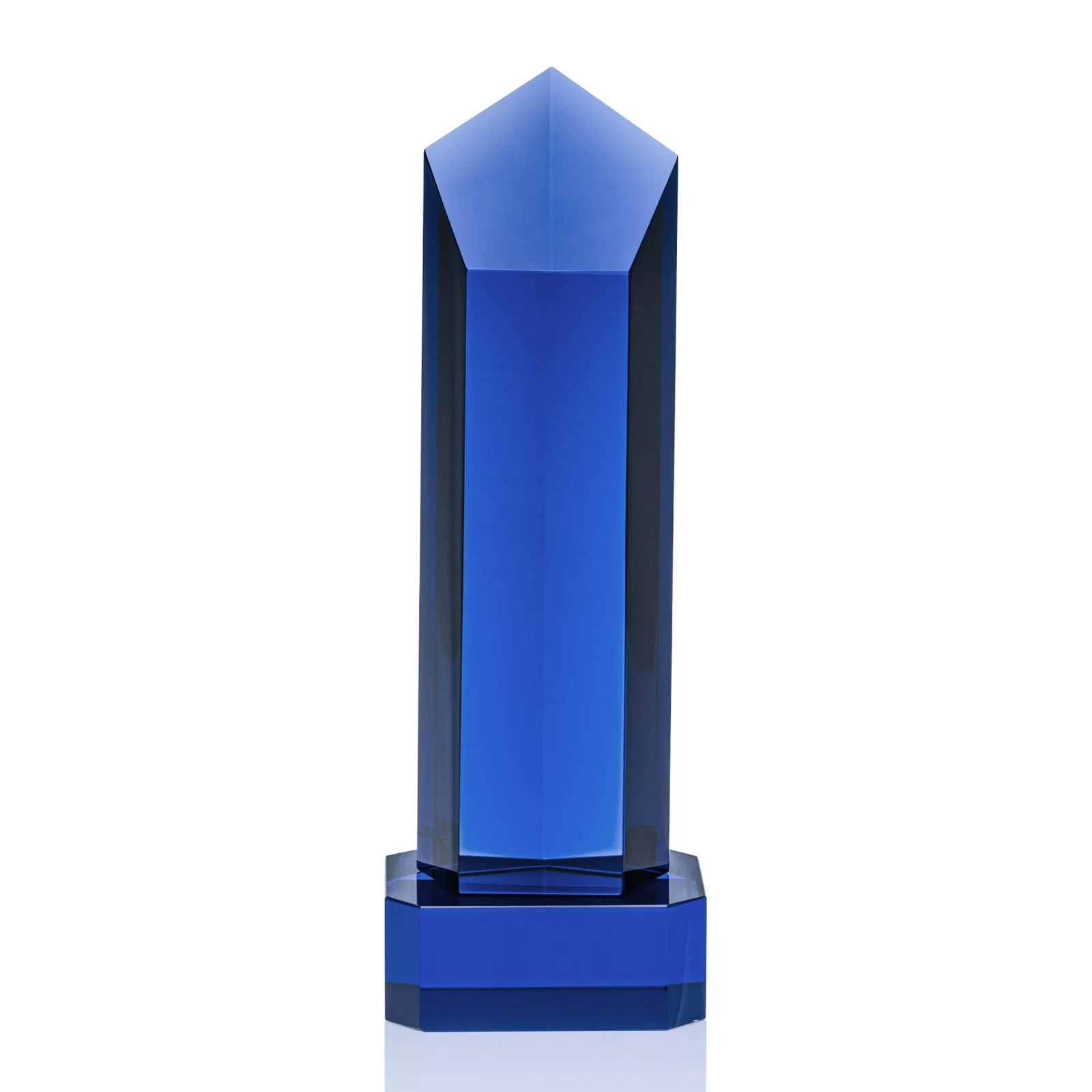 Branded Optical Crystal Pentagon Tower Award on Clear Base for team milestone celebrations