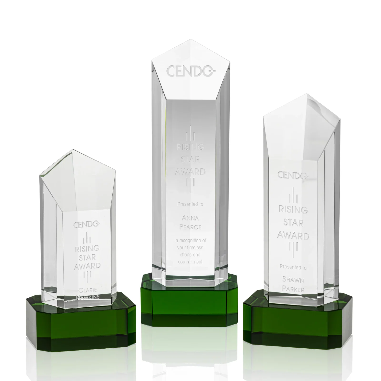 Custom Optical Crystal Pentagon Tower Award on Clear Base for retirement presentations