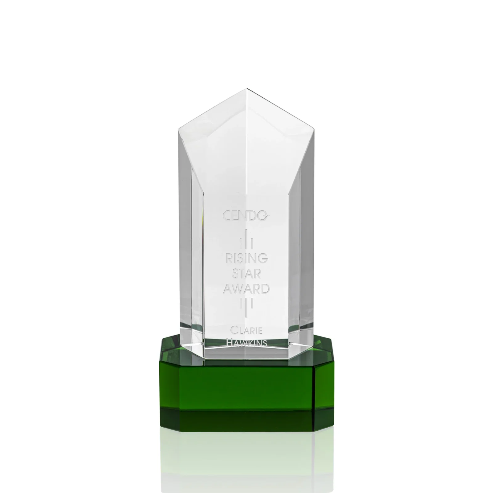 Custom Optical Crystal Pentagon Tower Award on Clear Base for team milestone celebrations