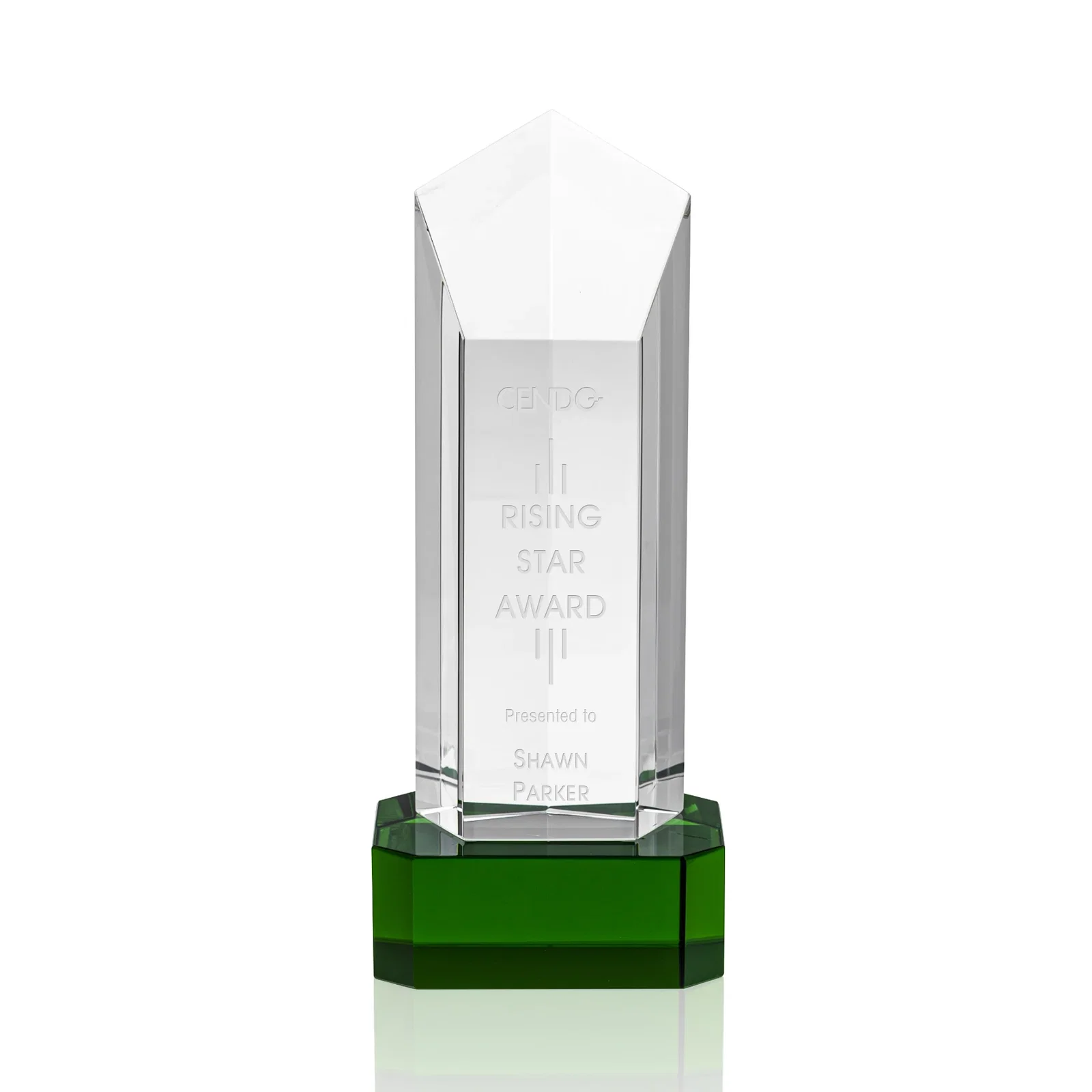 Custom Optical Crystal Pentagon Tower Award on Clear Base for donor appreciation