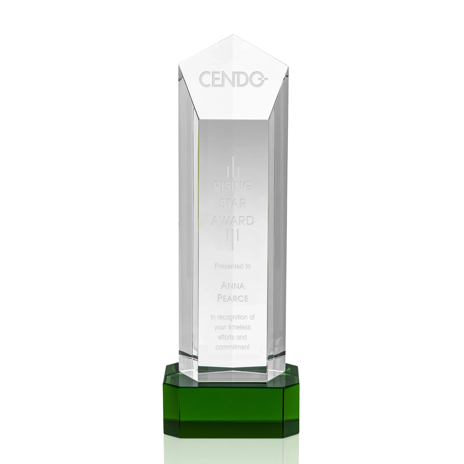 Custom Optical Crystal Pentagon Tower Award on Clear Base for graduation ceremonies