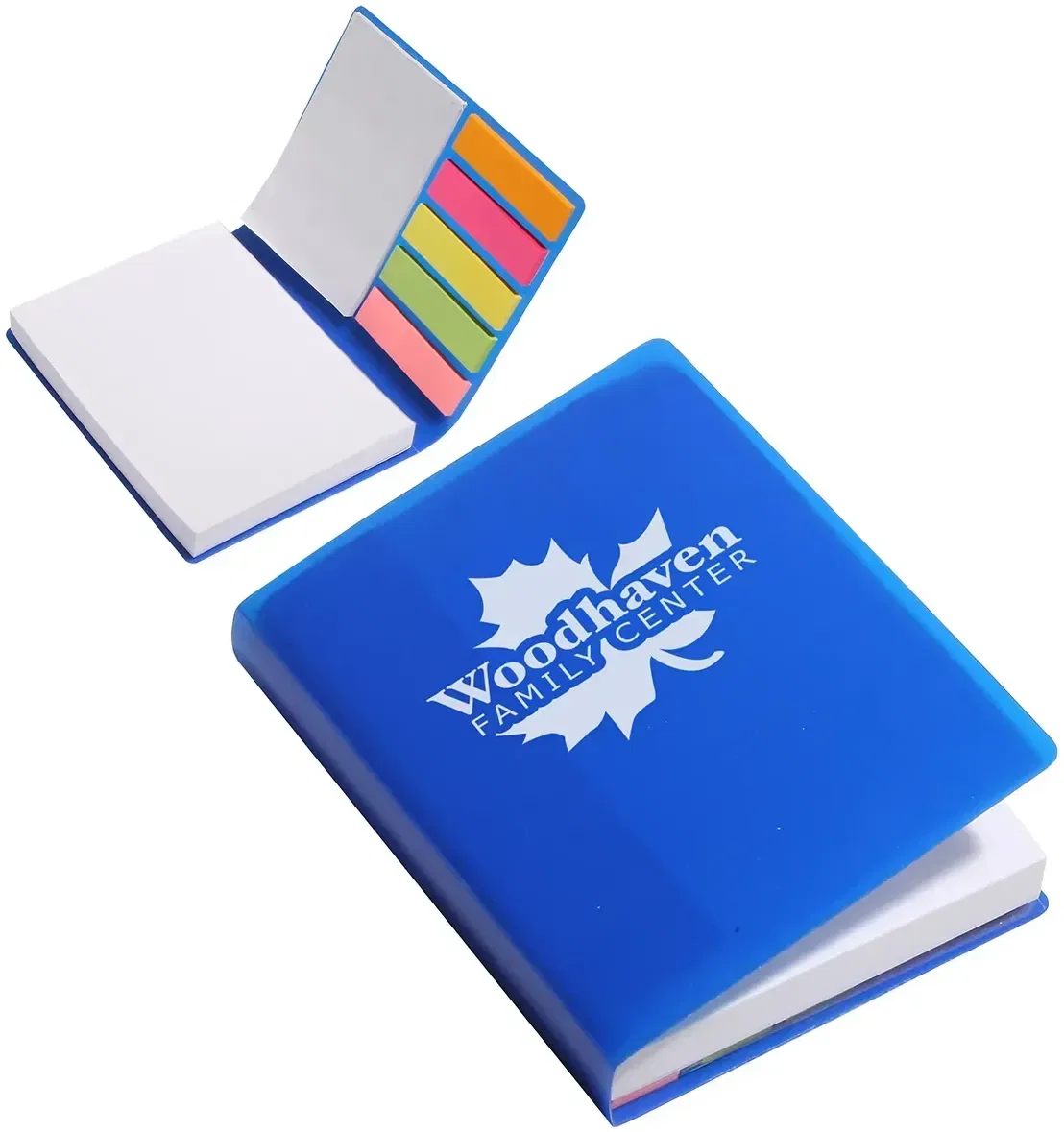 Open branded Jot-It book showing notepad, sticky notes, and colored flags, custom promotional note set