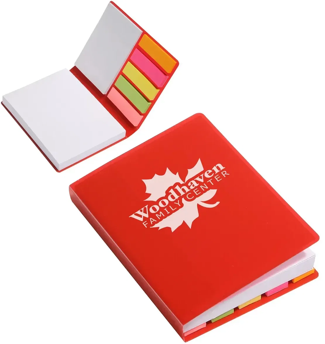 Angled view of the promotional Jot-It sticky book, custom branded pocket note organizer for school