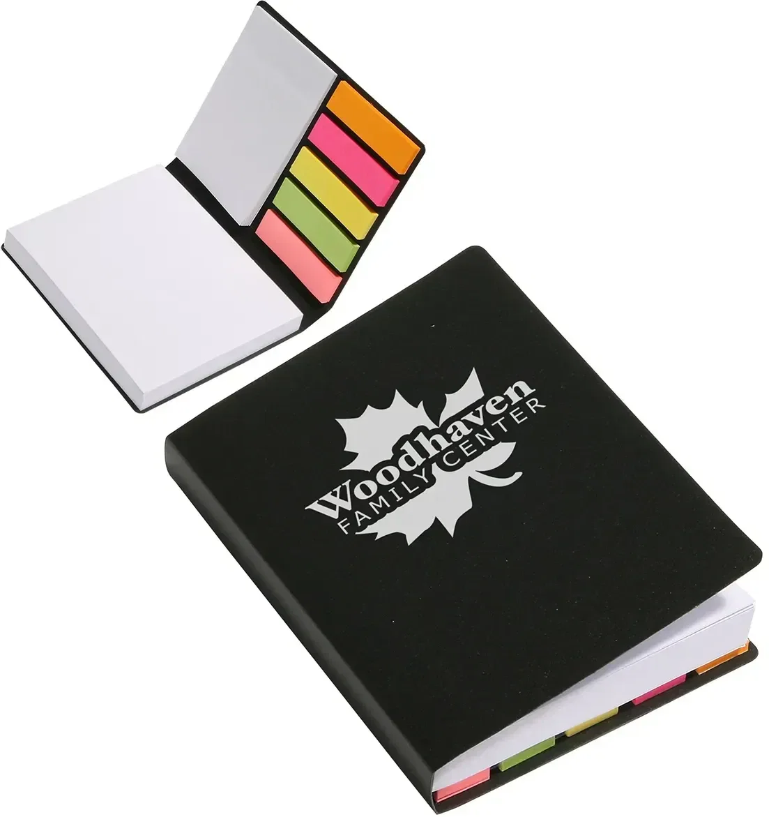 Close-up of the custom Jot-It colored flags and sticky notes, branded promotional note book detail