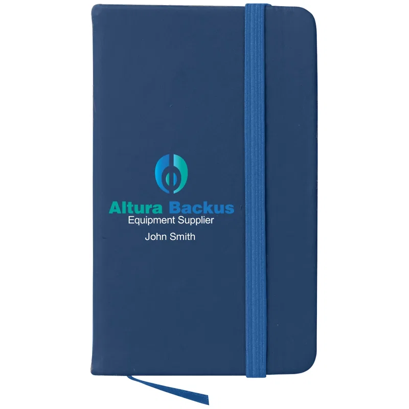 Bound notebook standing upright with its front panel facing the camera