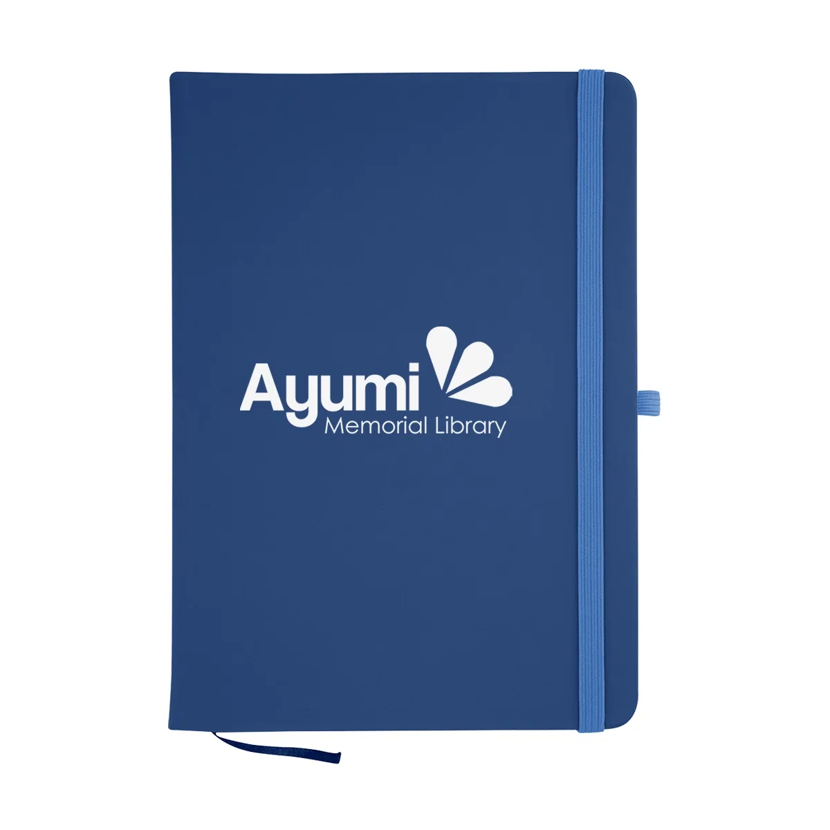 Blue notebook standing upright at five by seven inches